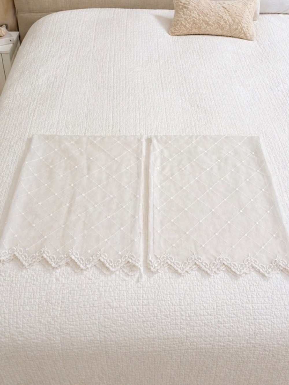 Vintage Sheer Lace Curtain Panels Set of 2 Scalloped Embroidered Cream 40x87